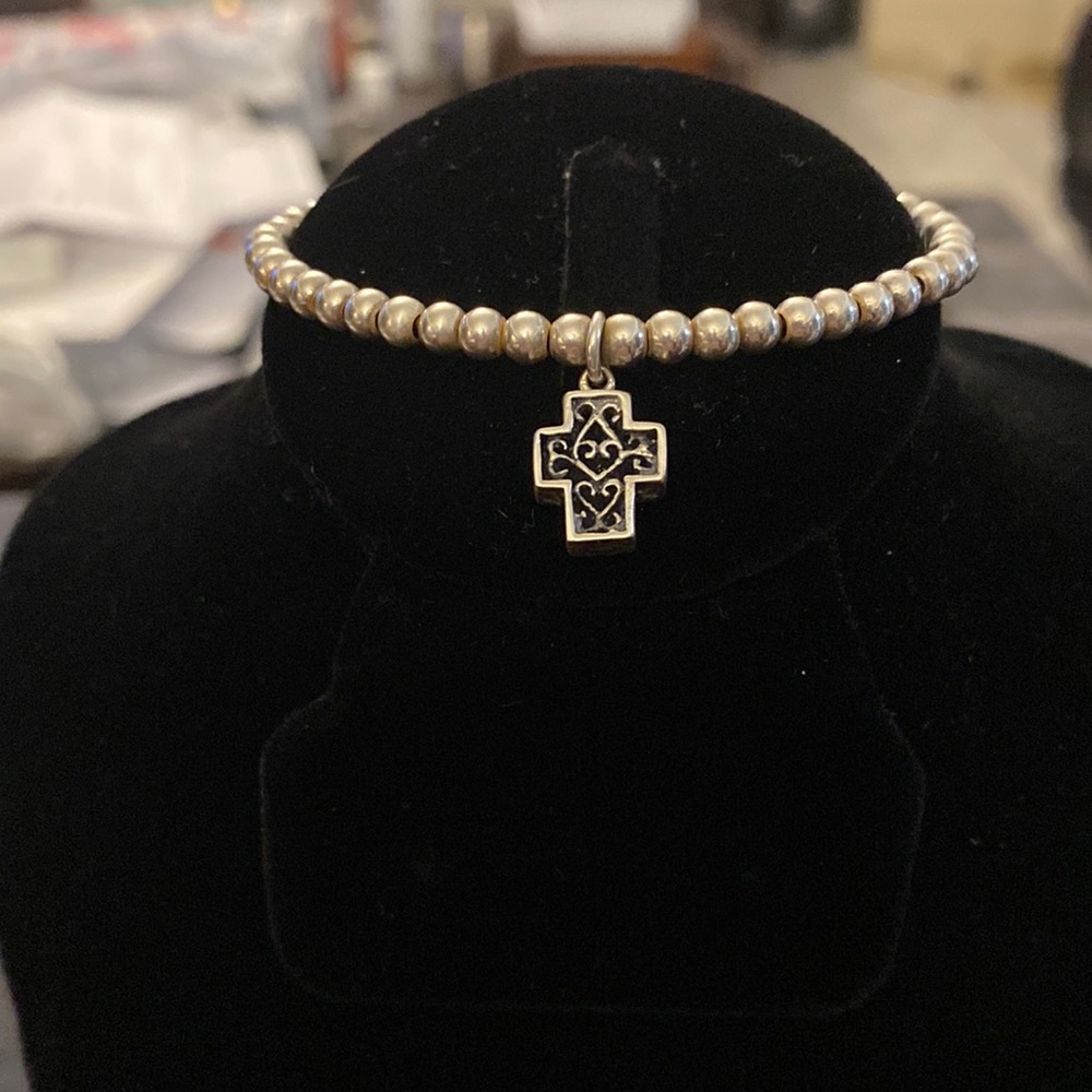 Sterling Silver Onyx Cross Beaded Cuff